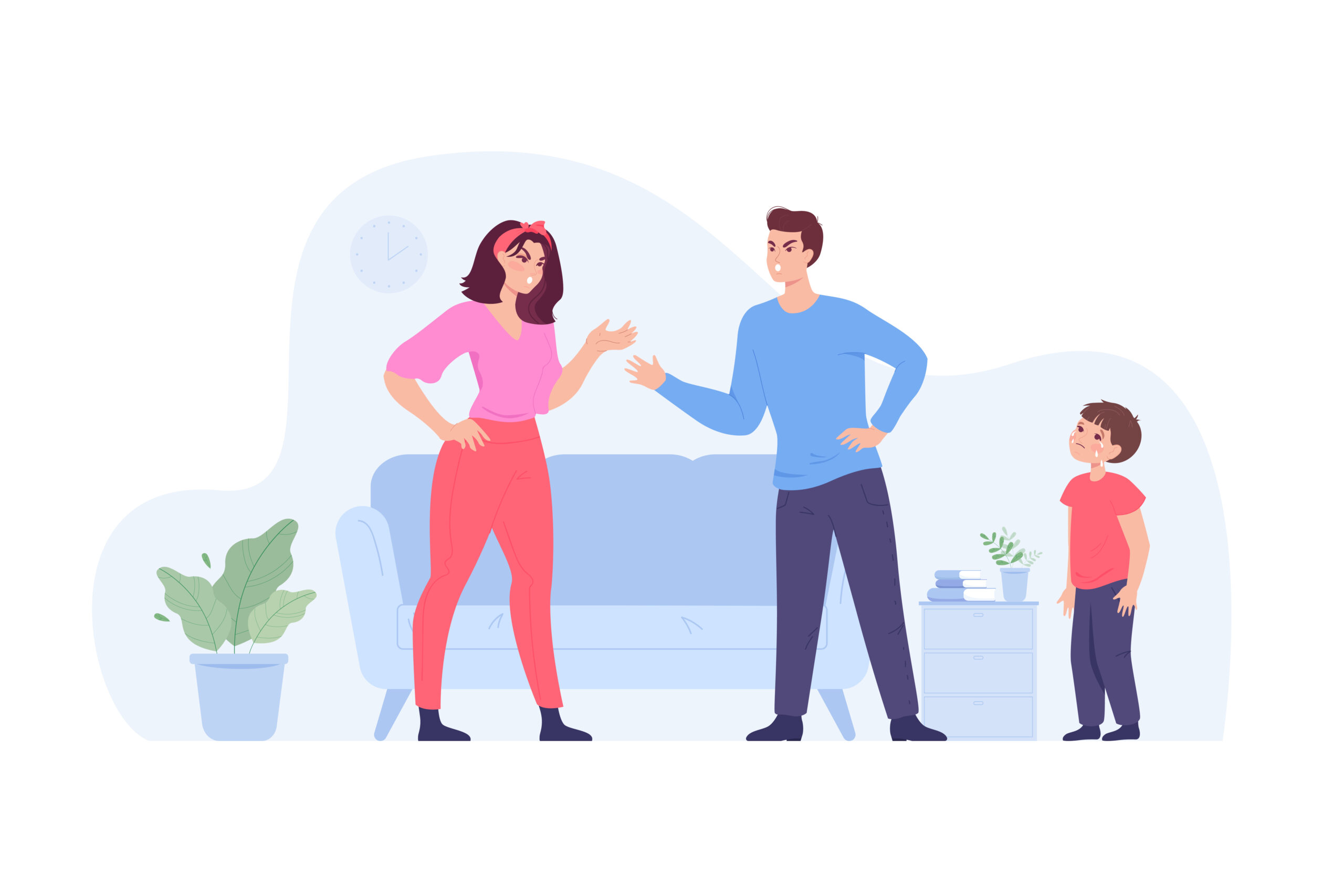 Angry parents arguing in front of crying child. Abusive relationship between wife and husband flat vector illustration. Unhappy family, conflict concept for banner, website design or landing web page